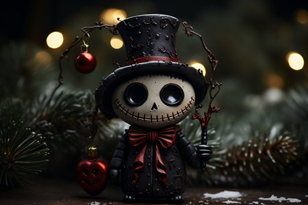 Christmas background with a toy in the form of a scarecrow on a dark backgroundの素材