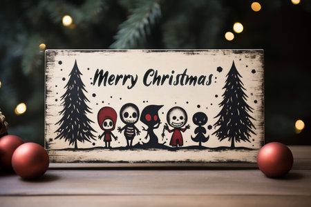 Merry Christmas and Happy New Year greeting card on wooden background.の素材