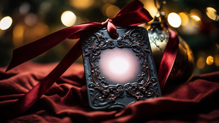 Christmas tag with red ribbon on a dark background with bokehの素材
