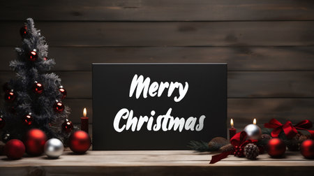 Merry Christmas text on black board with christmas tree and decoration on wooden backgroundの素材