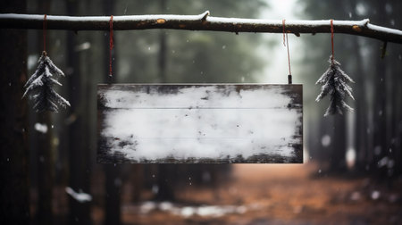 Wooden signboard in the winter forest with snowfall and fogの素材