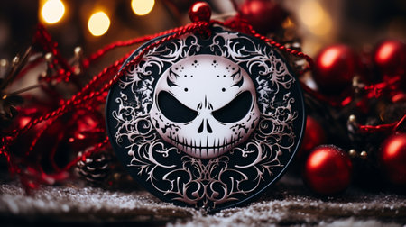 Christmas decoration with skull on the background of the Christmas tree and lightsの素材