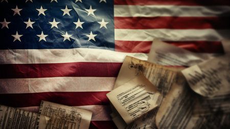 Vintage background with old american flag and papers. Retro style.の素材