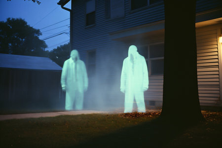 Silhouette of a group of masked people walking in front of a houseの素材