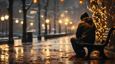 Man sitting alone on a bench in the snow in the city at christmas nightの素材
