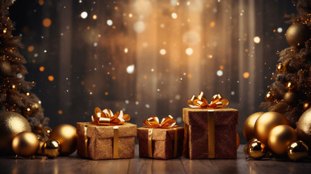 Gift boxes with golden bows on the background of Christmas tree.の素材