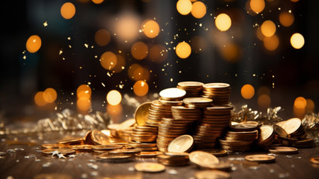 golden coins money with christmas decoration on bokeh backgroundの素材