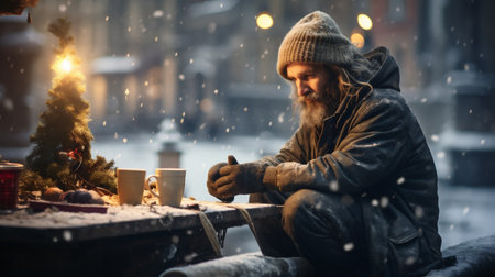 Homeless man sitting on the bench with a cup of hot coffee on the background of a snowy street.の素材