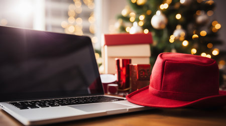 Laptop and red hat on wooden table in front of christmas treeの素材