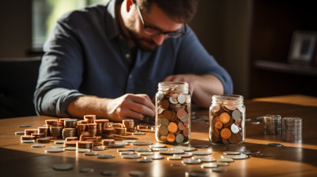 Man putting coins in glass jar at table closeupの素材