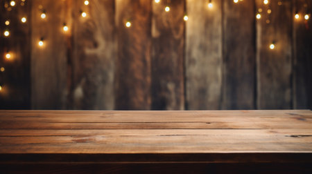 Empty wooden table for product display montages. Christmas and New Year backgroundの素材