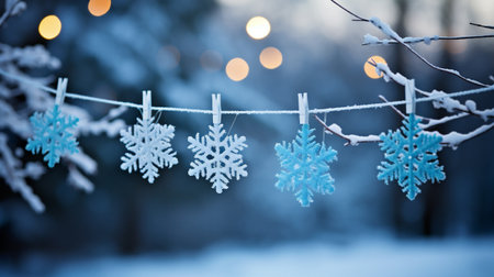 Decorative snowflakes hanging on a clothesline in winter forestの素材