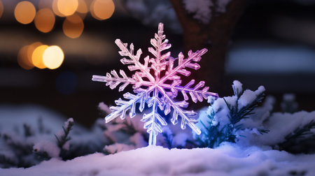 Snowflake on the background of the Christmas tree and bokehの素材