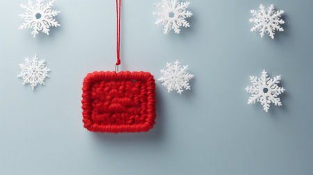 Christmas background with knitted red sign and snowflakes on gray backgroundの素材