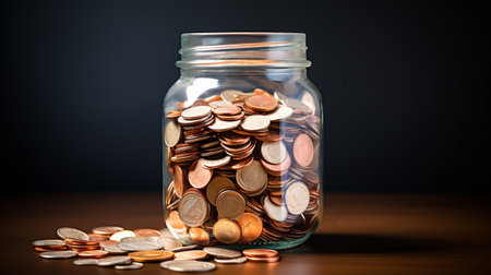 Coins in glass jar on wooden table and black background. Saving concept.の素材