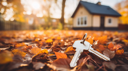 House keys on autumn leaves. Buying or selling real estate.の素材