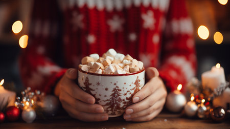 Woman holding cup of hot chocolate with marshmallows on Christmas backgroundの素材