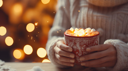 Woman holding cup of hot chocolate with marshmallows on Christmas backgroundの素材