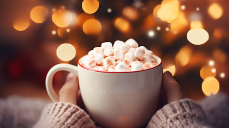Woman holding a cup of hot chocolate with marshmallow. Christmas backgroundの素材