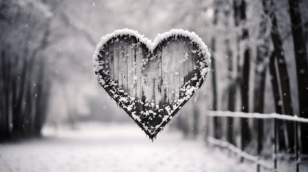Heart in the snow. Valentines day background. Black and whiteの素材