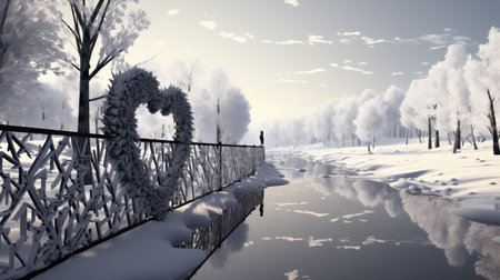 Winter landscape with river and heart-shaped fenceの素材