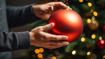 close up of man holding christmas ball on christmas tree backgroundの素材