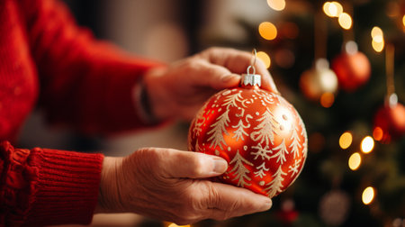 Hands of senior woman decorating christmas tree with baubleの素材