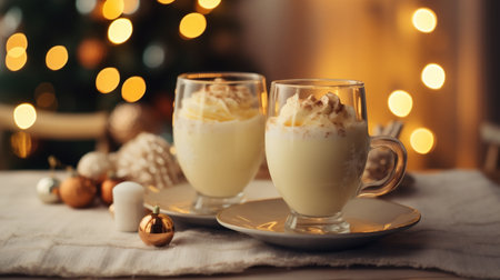Two glasses of delicious creamy eggnog on table in room decorated for Christmasの素材
