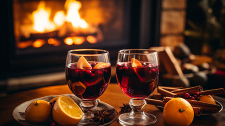 Two glasses of mulled wine with orange slices and spices on a wooden table near the fireplace.の素材