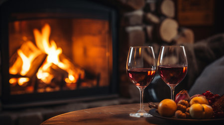 Two glasses of red wine standing on a wooden table in front of a fireplace.の素材