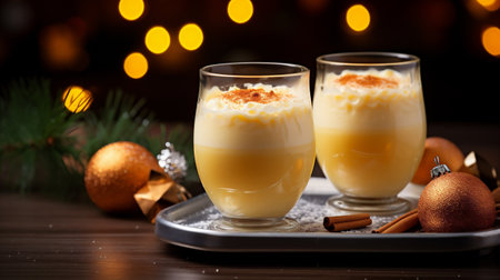 Traditional eggnog garnished with cinnamon and nutmeg in a glassの素材