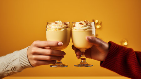 close up of woman and man hands holding glasses with eggnog and whipped creamの素材