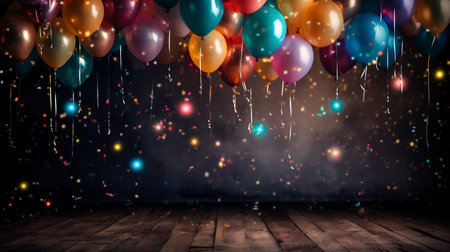 Colorful balloons and confetti in a dark room with wooden floorの素材