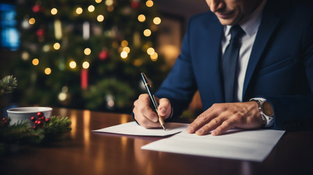 cropped shot of businessman writing letter in office with christmas tree on backgroundの素材