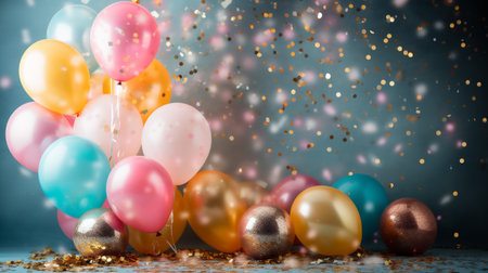 Colorful balloons and confetti on grey background with copy space.の素材