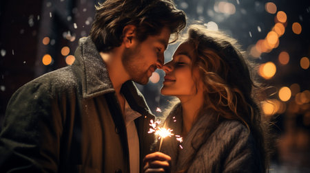 beautiful young couple holding sparklers and looking at each other on blurred backgroundの素材