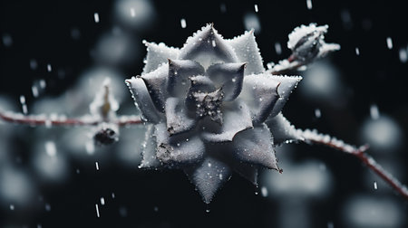 Close up of a rose covered with snow on a dark background.の素材
