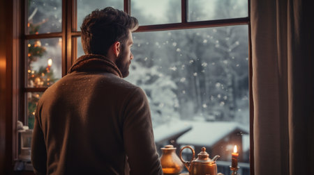 Young man standing by the window and looking at the winter landscape.の素材