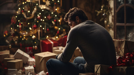 Sad man sitting on the floor in front of christmas tree with giftsの素材