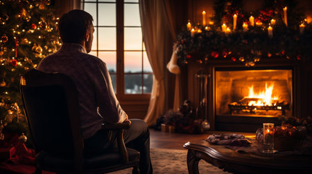 Man sitting by the fireplace and looking at the Christmas tree at homeの素材