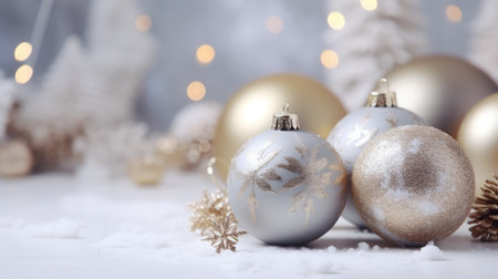 Christmas decoration on white wooden background with bokeh lights and copy spaceの素材