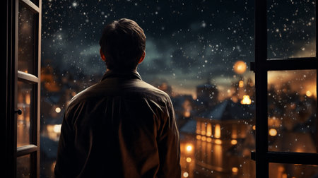 Young man looking out the window at a snowy night cityscape.の素材