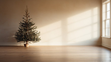 Christmas tree in room with wooden floor.の素材