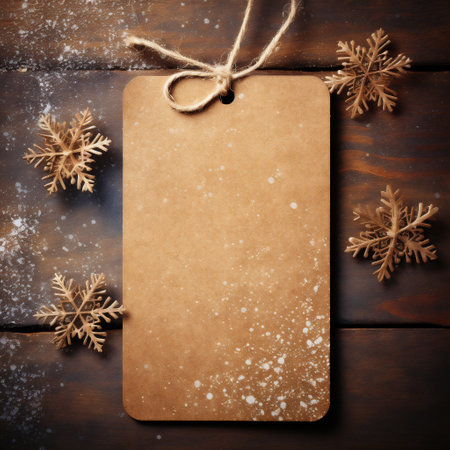 Christmas background with wooden snowflakes on rustic wooden board.の素材