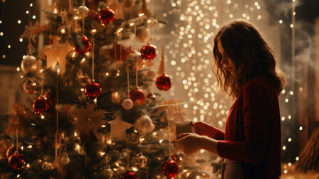 Young woman opening Christmas gift box in front of Christmas tree at homeの素材