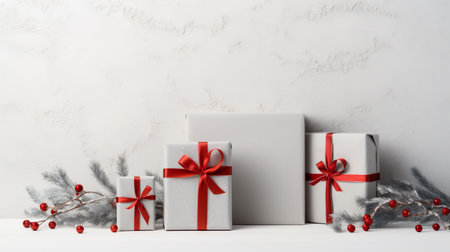 Christmas gift boxes with red ribbons on white background, copy spaceの素材