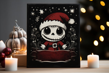 Merry Christmas and Happy Holidays greeting card. Festive decoration on wooden table.の素材