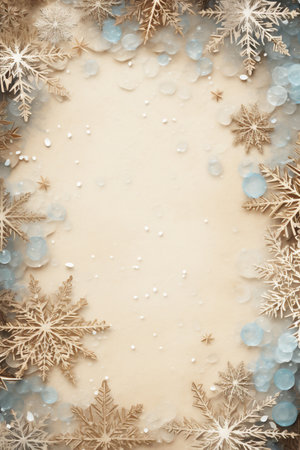 Christmas background with snowflakes and stars. Top view, copy spaceの素材