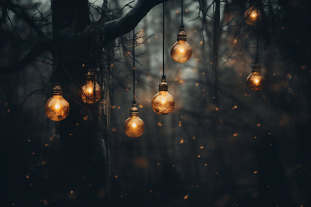 Vintage light bulbs hanging from a tree in a misty forestの素材