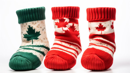 Red and green socks with a maple leaf on a white background.の素材